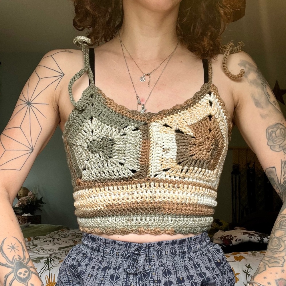 Handmade Crochet Lace Up Crop Top Boho Festival